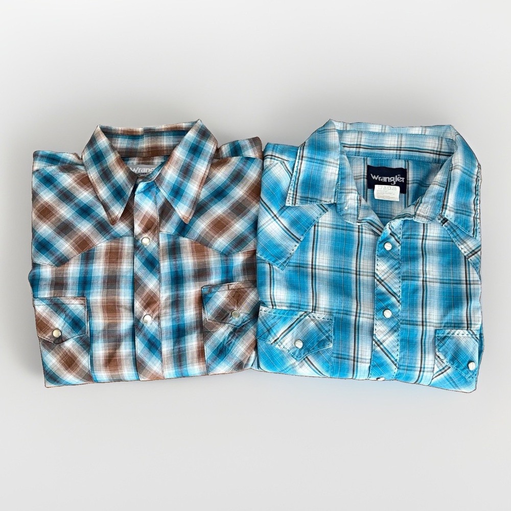 Lot of 2 Wrangler Rancher Plaid Long Sleeve Western Pearl Snap Shirts Size: L